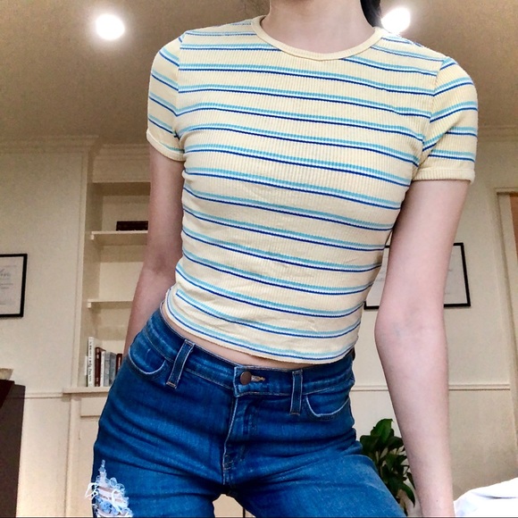 Vintage Style Yellow/Blue Striped Crew Crop Top - Picture 2 of 2